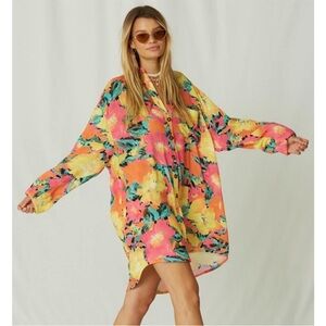 Jen’s Pirate Booty Arabica Shirt Dress XS/S Oversized Floral Button Front Tunic
